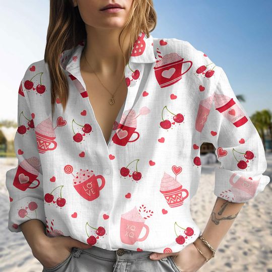 Valentine Coffee Shirt, Latte Valentine Women Blouses, Long Sleeve Shirt For Her, Coquette Cherry Button Shirt, Gift For Him & He