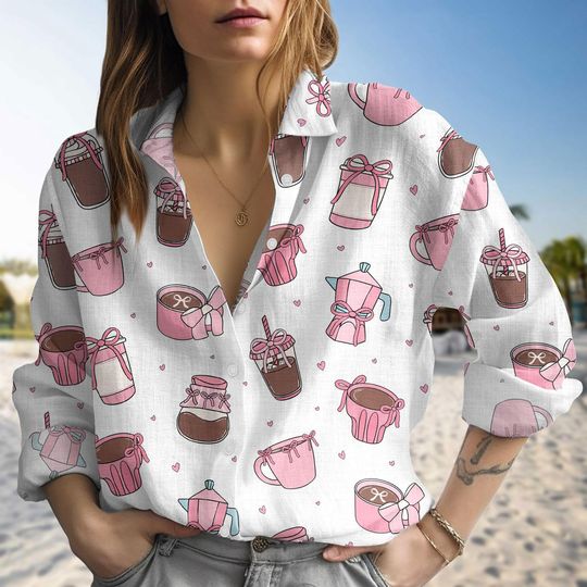 Iced Coffee Club Shirt, Coquette Bow Casual Shirt, Coffee Lover Women Blouses, Pink Bow Long Sleeve Shirt, Coffee Lover Gift