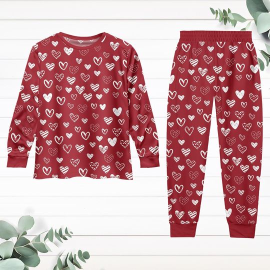Hearts Valentines Pajamas, Long Sleeve Pajamas Set, Pajamas For Party, Valentines Pajamas Pants, Valentines Day Gift, Girlfriend Gift