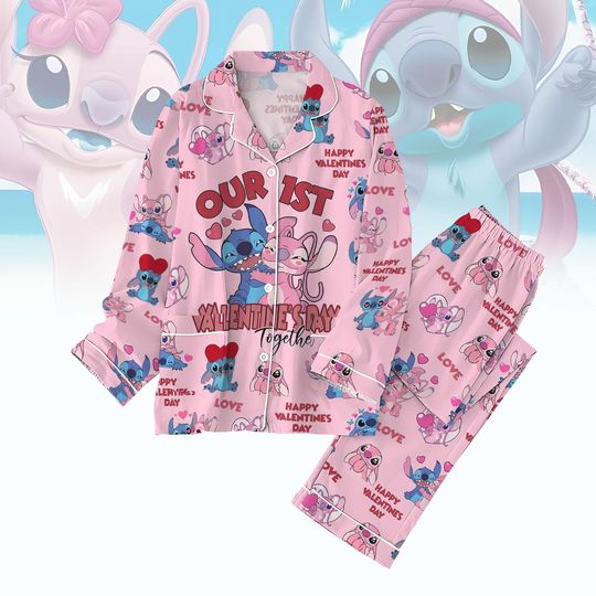 Stitch And Angel Valentine Pajamas, Disney Stitch Loungewear, Stitch Our First Valentine Pajamas, Cute Anniversary Gift, Couple Pajamas Set