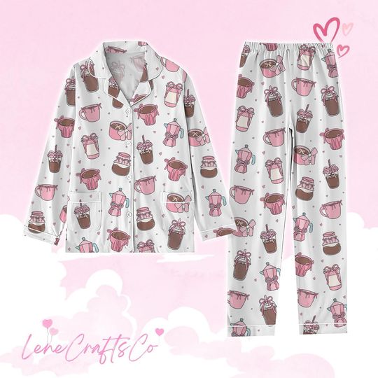 Coffee Coquette Pajamas, Valentine Day Pajamas Set, Coffee Lover Pajamas, Valentine Coquette Pajamas, Cute Coffee Cup Pj Sets For Women
