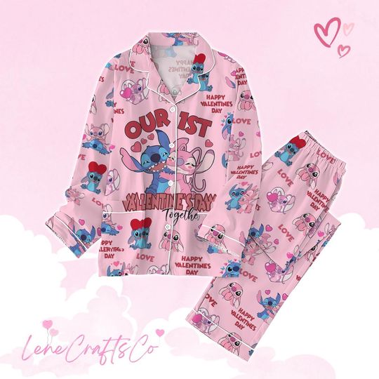 Stitch And Angel Pajamas, Stitch Valentine Pajamas Set, Our First Valentine Pajamas, Disney Valentine Pajamas, Cute Anniversary Gift