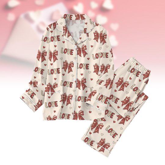 Valentine's Day Love Heart Pajamas, Coquette Bow Pajamas Set, Retro Valentine Pajamas, Love Pajamas, Matching Pajamas, Pajamas Pants