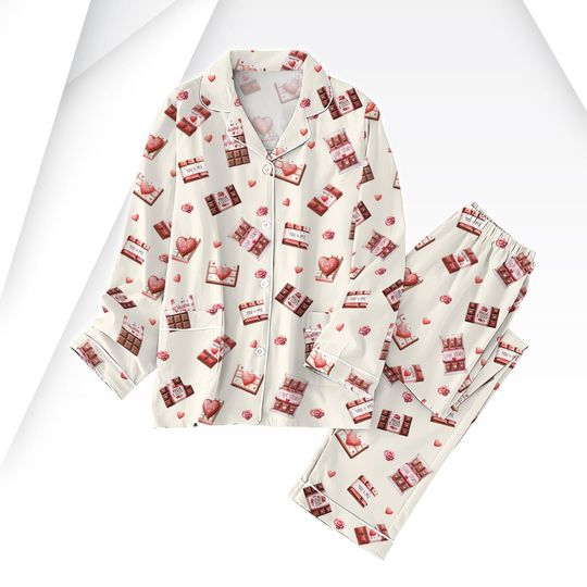 Chocolate Valentine Pajamas Set, Happy Valentine Holiday Pajamas, Pink Chocolate Pajamas For Her, Valentine Gift, Heart Pajamas Women