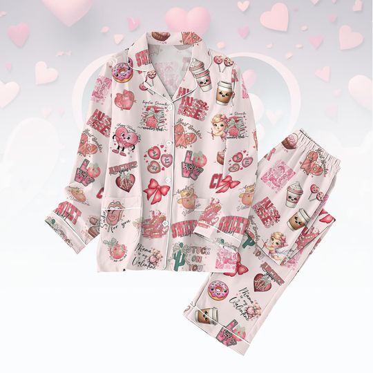 Valentine Day Cupids Pajamas Set, Coquette Bow Holiday Pajamas, Hearts Pajamas Pants, Valentine Love Pajamas For Party, Gift For Her