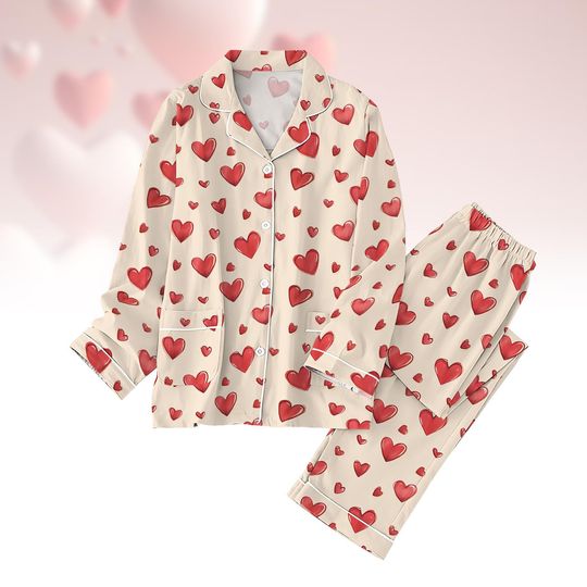 Valentine's Day Heart Pajamas Set, Red Hearts Holiday Pajamas, Love Pajamas For Party, Family Matching Pajamas Set, Gift For Lovers