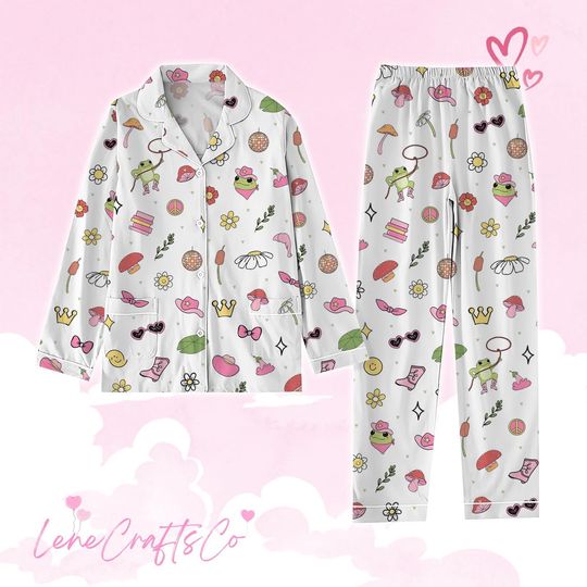 Cute Frog Pajamas, Fun and Cozy Pajamas Set, Funny Frog Pajamas, Floral Cartoon Pajamas, Cartoon Pajamas, Pajamas Family, Gift For Her