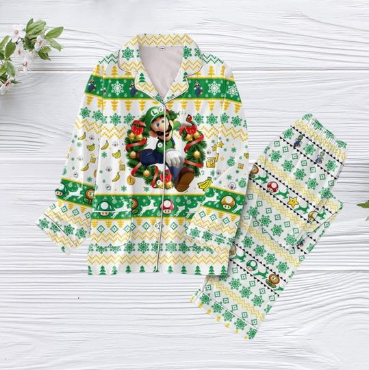 Luigi Mario Christmas Pajamas, Super Mario Luigi Pajamas, Super Mario Bros Pajamas, Video Game Holiday Pajamas, Mario Family Pajamas
