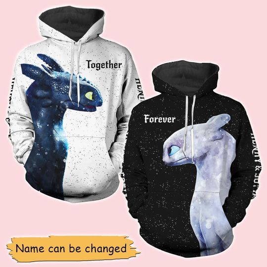 Night Fury and Light Fury 3D Hoodie, Custom Toothless Couple Hoodie, Together And Forever Matching Hoodie, Gift For Boyfriend, Girlfrie
