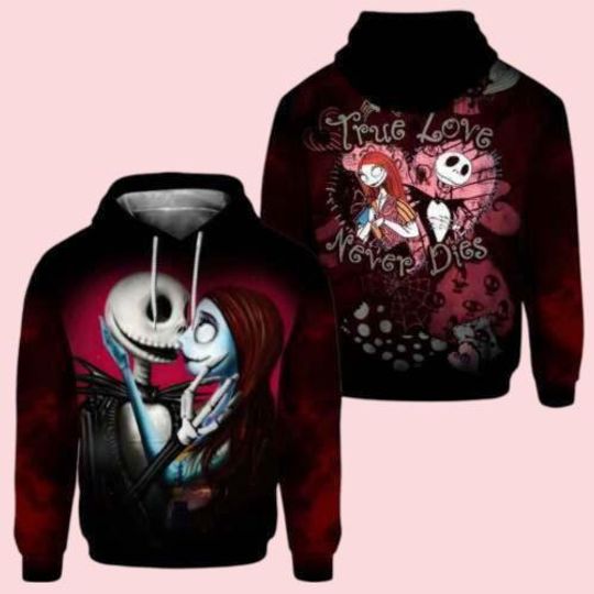 True Love Never Dies 3D Hoodie, Nightmare Couple Jack & Sally Valentine Hoodie, His And Her Hoodie, Gift For Boyfriend Girlfriend
