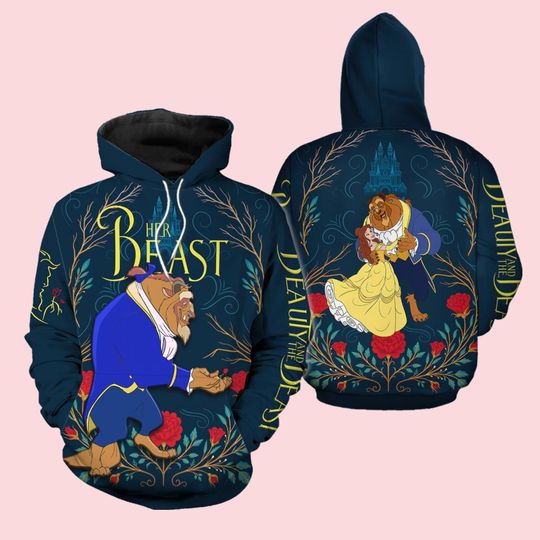 Disney Beauty And The Beast Her Beast Couple 3D Hoodie, Disney Couple Hoodie, Princess Belle and Beast Hoodie