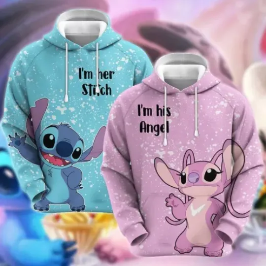 Valentine, Stitch Couple Hoodie,  l'm her Stitch, I'm his Angel 3D hoodie