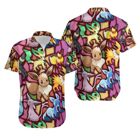 Eevee Evolution Tropical Beachwear, Button Up Hawaiian Shirt, Summer Casual Tee, Beach Shirt, PKM Fan Gifts