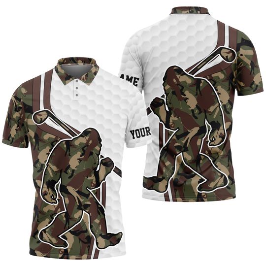 Personalized Bigfoot Golf Polo Shirts for Men,Custom Name Bigfoot Sasquatch Golf Player Button Down