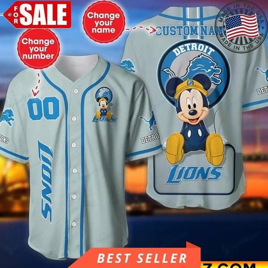 Personalized Detroit Lions Baseball Jersey, Detroit Lions Mickey Jersey, Sunday Football Jersey