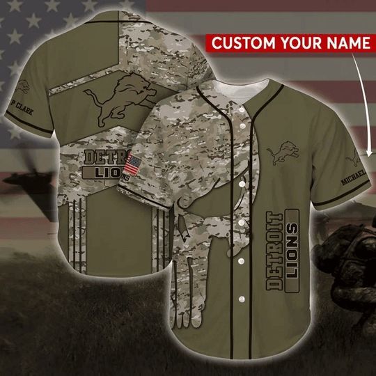 Personalized Lions Baseball Jersey, Detroit Lions Camo US Baseball Jersey