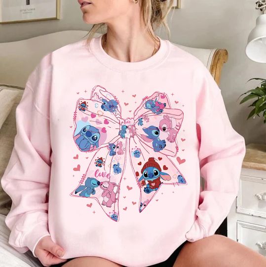 Disney Stitch Valentine Sweatshirt, Disney Couple Sweatshirt, Disney Valentine Sweatshirt, Valentine Coquette Sweatshirt, Pink Valentine Tee, Stitch Lover Sweatshirt