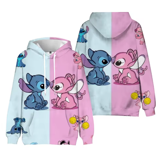 Couple Valentine Pink and Blue  Stitch and Angle   3D Hoodie, Long Sleeve, Crewneck , Cartoon Hoodies,  Hype Beast Merch, Love Days