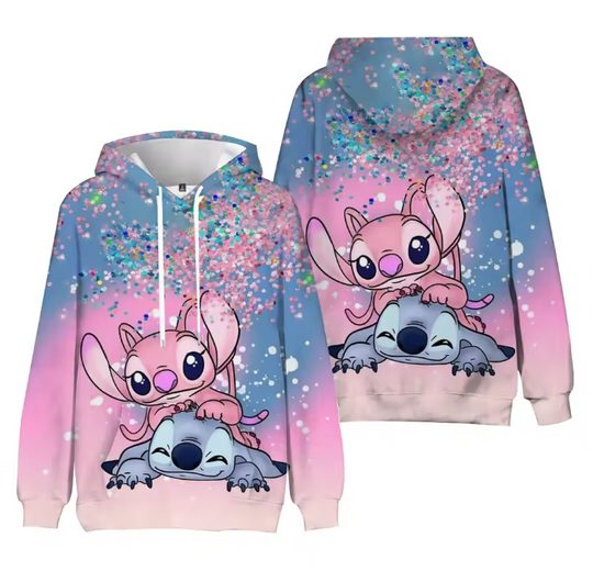 Valentine Pastel Stitch and Angle   3D Hoodie, Long Sleeve, Crewneck , Cartoon Hoodies,  Hype Beast Merch, Love Days