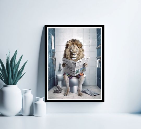 Lion Reading Newspaper on the Toilet, Funny Bathroom Wall Decor, Funny Animal Print, Lion in Toilet