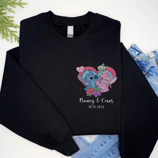Embroidered Custom Name Stitch & Angel Sweatshirt, Valentine's Day Gift