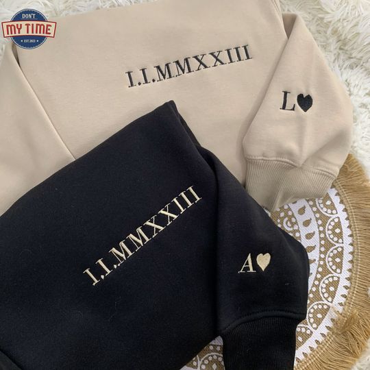 Personalized Embroidered Sweater Roman Numeral Initial on sleeve, Anniversary Gift for him Couple Sweatshirt