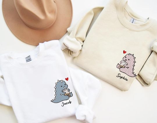 Custom Dinosaur Valentine Embroidered Sweatshirt, Valentine's Day Gift
