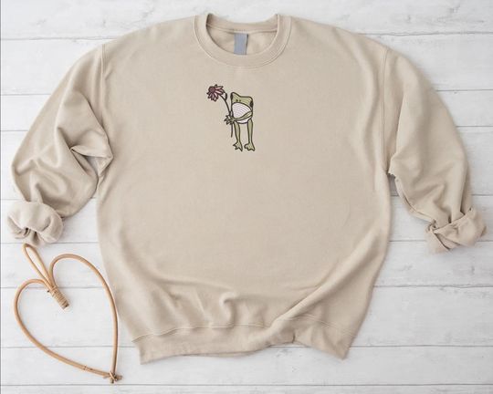 Embroidered Flower Frog Sweatshirt, Embroidery Frog With Flower, Frog Lover Gift Sweatshirt