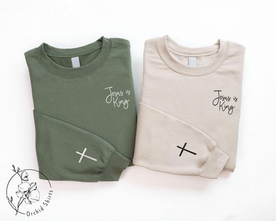 Embroidered Jesus Is King Sweatshirt,Embroidered Cross On Sleeve Sweater