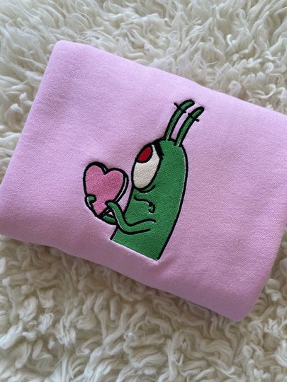 Plankton Heart Embroidered Sweatshirt Love Valentines Day Sweatshirt SpongeBob Hoodie Valentines Embroidery  Gift Anniversary