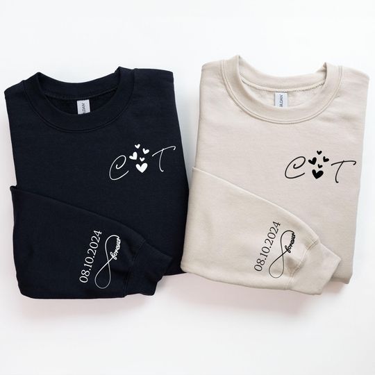 Personalized Initials Sweatshirt With Date and Heart, Matching Valentines Outfit, Custom Couple Hoodie, Anniversary Clothing, Wedding Gift