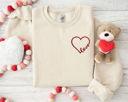 Heart Embroidered Sweatshirt, Valentine's Day Love Embroidered Shirt, Love Valentine's Day Sweatshirt, Valentine's Day Embroidered Shirt