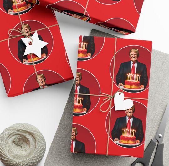 Trump Birthday Cake and Candles Red Gift Wrap Paper