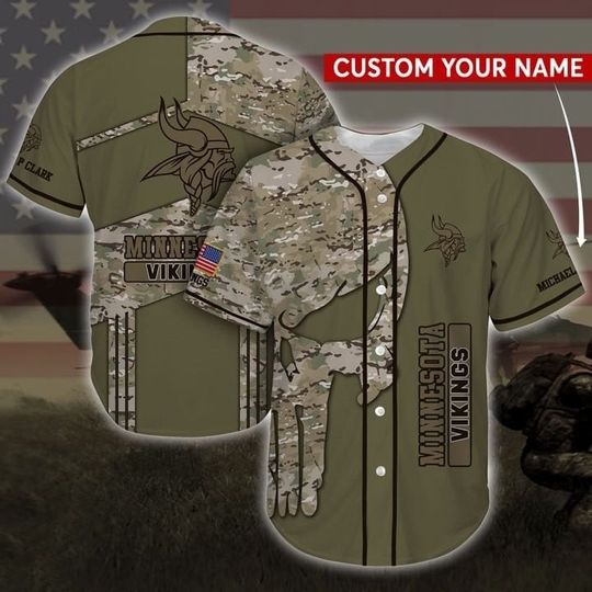 Personalized Vikings Baseball Jersey, Vikings Team Camo USA Baseball Jersey