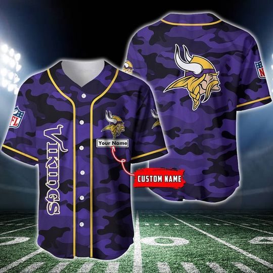 Personalized Vikings Baseball Jersey, Minnesota Camo Baseball Jersey