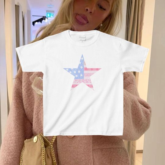 Lace American Flag Star Baby Tee, Preppy Aesthetic Baby Tee, Trendy Stockholm Style  Baby Tee