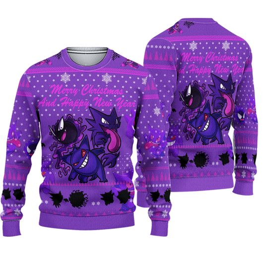 Unisex Gengar Ugly Christmas Sweater, Xmas Ugly Sweater, Gengar Shirt, PKM Shirt, Christmas Gift, Unisex Sweater