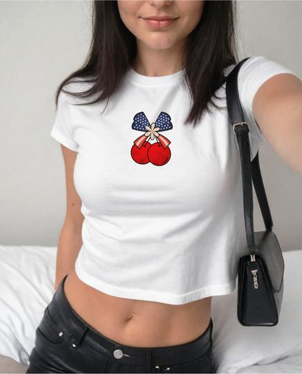 4th of July Baby Tee Coquette Baby Tee July 4th Crop Top Merica Shirt Funny Memorial Day Shirt Y2K Baby Tee Downtown Girl USA Flag Baby Tee