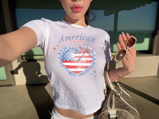 Coquette Baby Tee, 4th of July Baby Tee, Merica Shirt, Memorial Day Shirt, Coquette Clothing, Y2K Baby Tee, Downtown Girl, USA Flag Baby Tee