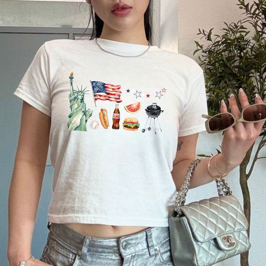 4th of July Baby Tee Y2K Scrapbook Style Vintage Americana Crop Top USA Independence Day Shirt 4th of July Outfit Hotdog