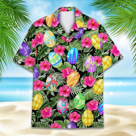 Easter Egg Hawaiian Shirt, Tropical Floral Easter Egg Beachwear Hawaiian Shirt
