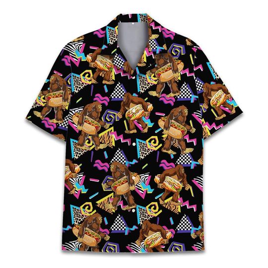 Retro Bigfoot Hotdog Hawaiian Shirt, 80s 90s Sasquatch Hawaiian Shirt