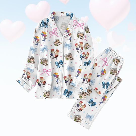 Carl And Ellie Couple Pajamas Set, Cartoon Couple Valentine Pj Set, Pixar Couples T-Shirt, Disney Movie Loungewear, Valentines Gift Cou