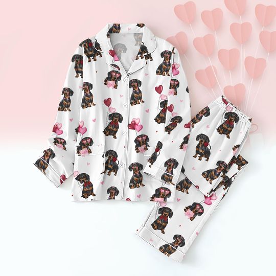 Dachshund Valentine Pajamas Set, Valentines Dog Lover Shirt Pants Set, Dachshund Lover Gift Couple, Dog Mom Loungewear For Couple