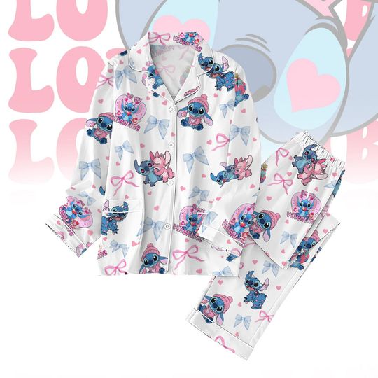 Stitch and Angel Valentine Pajamas Set, Disney Cartoon Couple Pj Set, Lilo and Stitch Pink Loungewear, Disney Honeymoon Gift