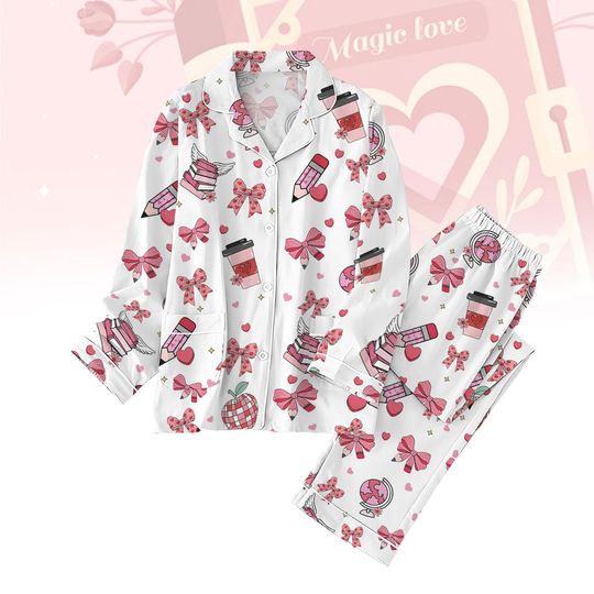 Valentine Teacher Pajamas Set, Teacher Coquette Holiday Pajamas, Matching Pajamas Set, Retro Valentine Pajamas For Party, Gift For Her