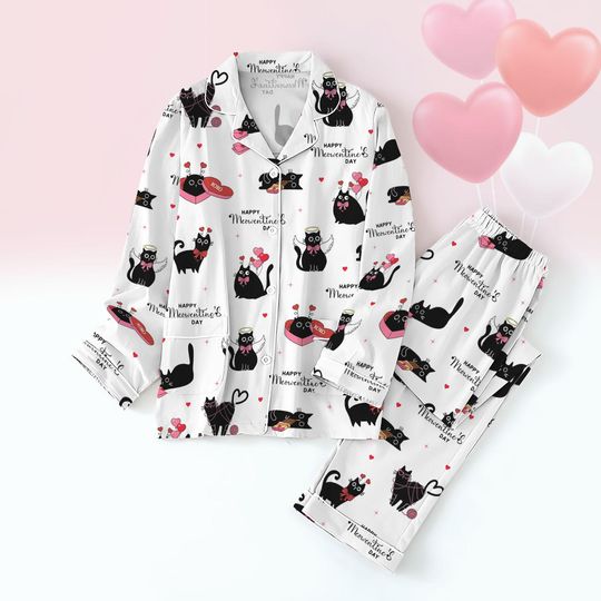 Black Cat Valentine Pajamas Set, Kitten Cat Holiday Pajamas, Matching Pajamas Set, Happy Meowy Pajamas For Party, Gift For Cat Lovers