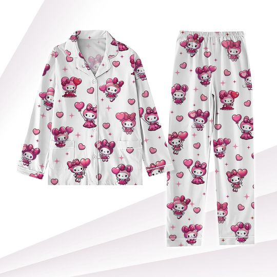 My Melody Pajamas Set, Hello Kitty Pajamas Women, Pink My Melody Holiday Pajamas, Valentine Gift, Cute Pink Valentine Pajamas For Her