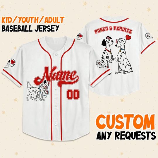 Personalized Valentine Pongo & Perdita Baseball Jersey, Custom White Casey Jersey for Couples, Gift for Him or Her, Valentine Birthday Gift