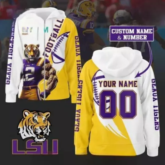 LSU Tigers Football Yellow White Personalized 3D Zip Hoodie